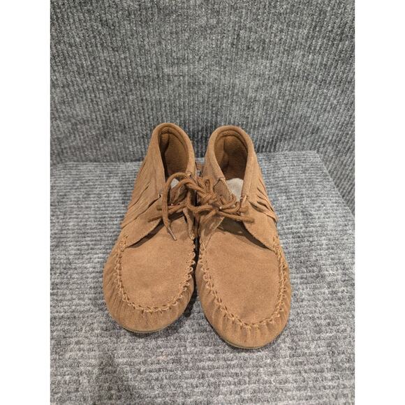 Minnetonka Women's Brown High Top Classic Fringe Lace Up Moccasin Boot Size 7 - Picture 2 of 5